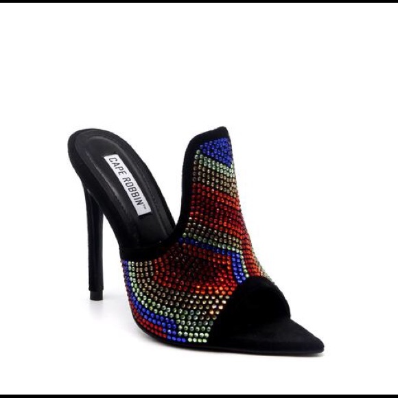 Black Multi Color Rhinestone Open Toe Mule Heels - Picture 3 of 3